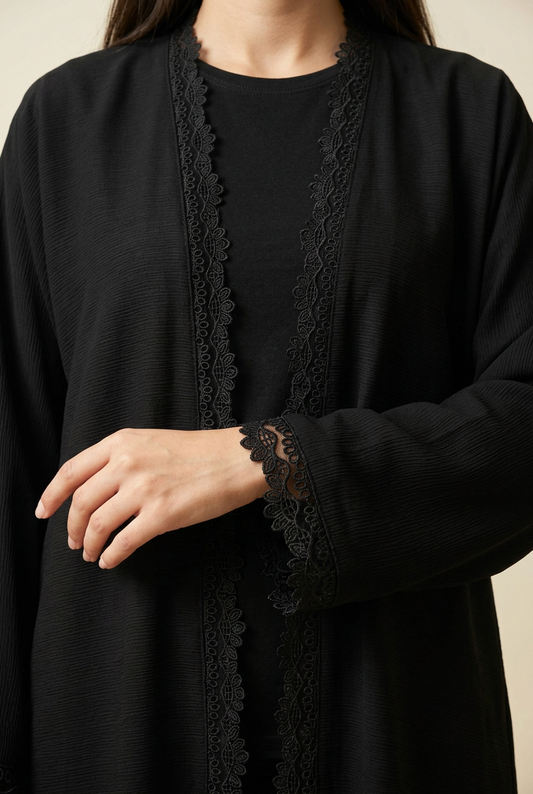 SABLE close-up highlighting the lace edging, scalloped cuff, and fabric texture